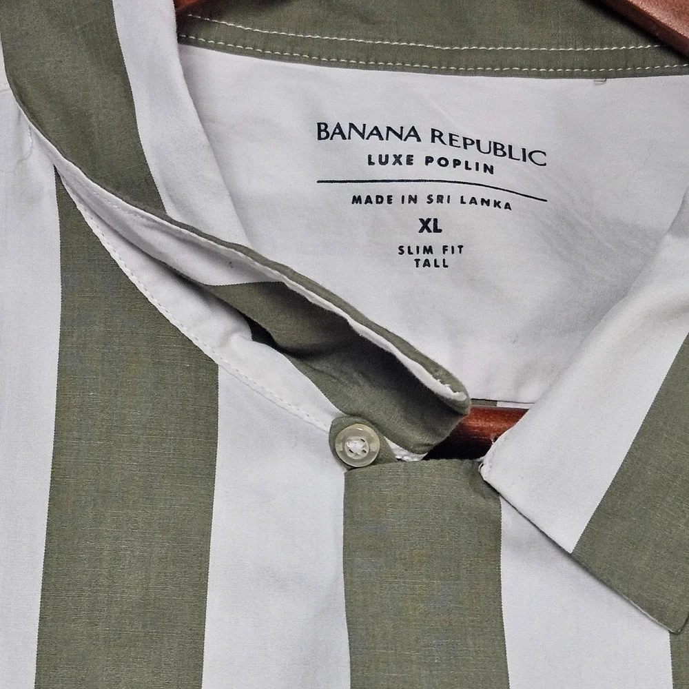Banana Republic Luxe Poplin Green White Striped Button-Up Shirt Tall XL Slim Fit